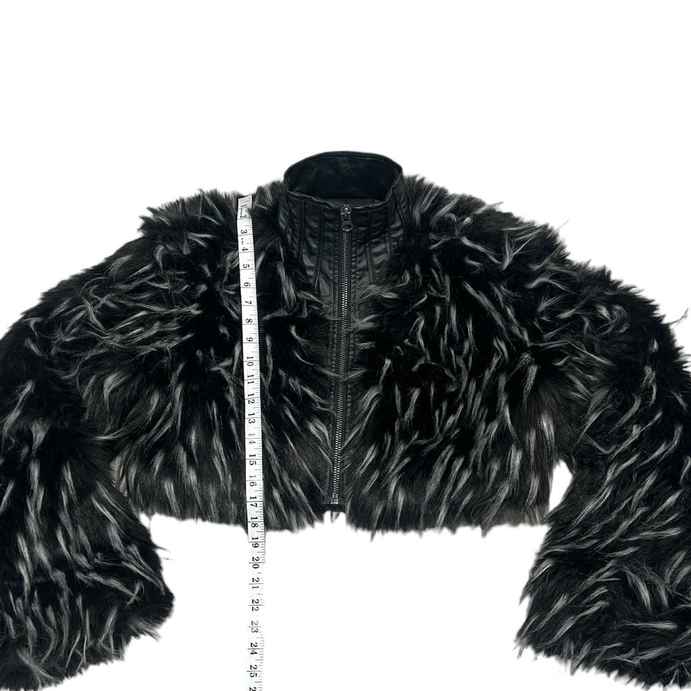 Punk Rave Gothic Black White Cropped Fur Jacket - Picture 10 of 15